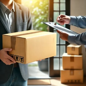 DALL·E 2024-09-12 11.42.29 - A professional image showing a person receiving a package at their doorstep or office, symbolizing the start of a rental. On the other side, a similar